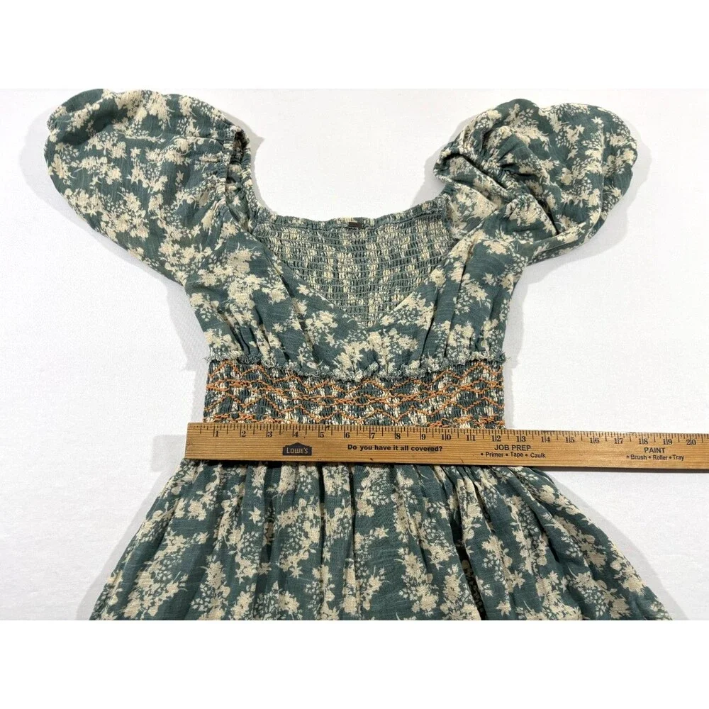 Free People Ellie Boho Green Floral Puff Sleeve Smock Bodice Maxi Dress Sz S - Picture 9 of 15